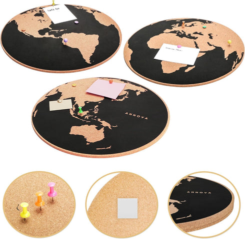 ANNOVA World Map Notice Board 3pcs Pack 12-Inch Cork Memo Board Stick-On Mounting Non-Residue, Pinnable, Pinboard (Cork Brown, 12 Inch)...