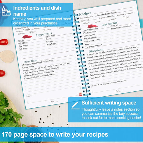 PECULA Recipe Book, Recipe Book to Write In Your Own Recipes, Blank Recipe Book, Recipe Notebook, Recipe Journal Hold 170 Recipes...