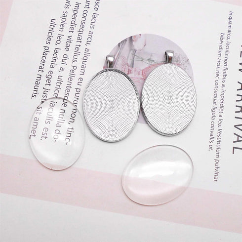 Julie Wang 10 Sets Silver Assorted Oval Setting Bezel Tray Pendant Blanks With Glass Cabochon 40x30mm...