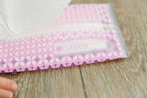 Butipods Reusable Stay Moist Wet Wipe Pouch | Slim Case Travel Holder | Great for Hand and Face Wipes | Set of 2 (Blush Pink Tiles)...
