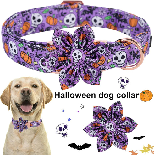 ARING PET Halloween Dog Collar Cute Pumpkin Dog Collar with Flower, Cotton Purple Skull Bat Dog Collars Girl Daisy Puppy Collar with Metal Buckle...