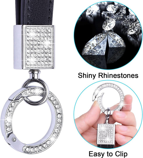 Wisdompro Genuine Leather Car Keychain, Bling Key FOB Holder Keychains for Women Girls with Crystal Rhinestones and 2 Keyrings - Black...