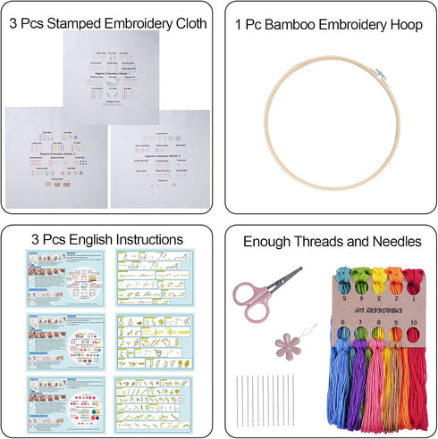 Fanryn Embroidery Kit for Beginners Beginner Embroidery Stitch Practice Kit, 3 Sets Embroidery Kit to Learn 35 Different Stitches for Craft Lover ...
