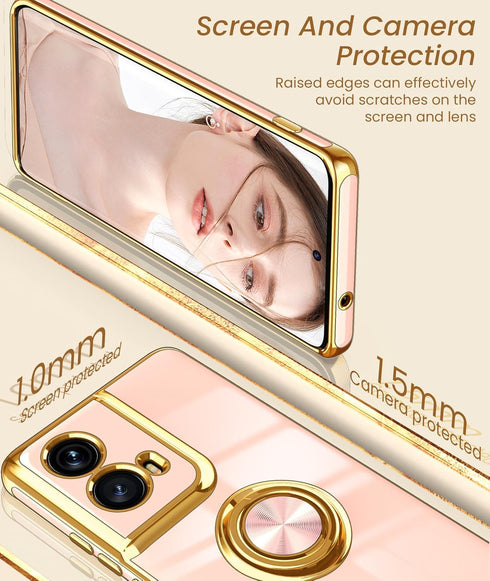 Dretal for Motorola Moto Edge 5G 2024 Case, 360° Rotatable Ring Holder Magnetic Kickstand,Plated Gold Edge Slim Soft TPU Protective Cover for Moto...