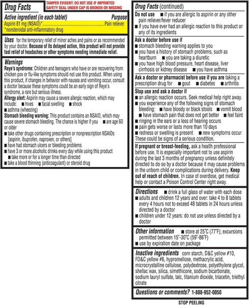 HealthA2Z® Aspirin 81 mg | Low Strength | Enteric Coated | Pain Relief | Reduces Minor Aches Muscle Pain & Cramps | Fever Reducer | Reduces Headac...