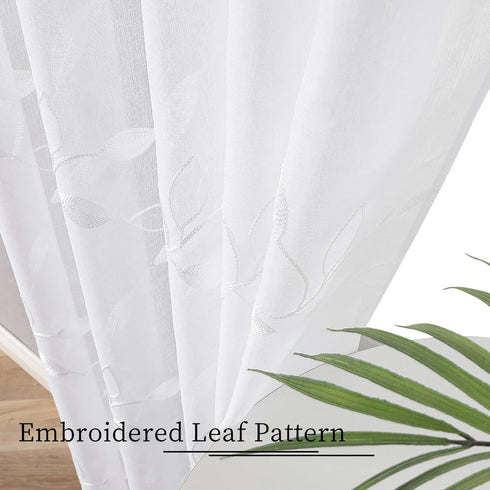 Tollpiz White Leaf Sheer Tier Curtain Leaves Embroidered Kitchen Curtains Rod Pocket Voile Bathroom Window Treatment for Cafe, 30 x 36 inches Long...