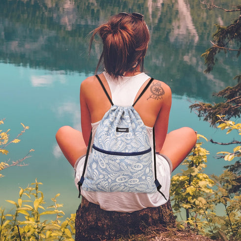 WANDF Drawstring Backpack String Bag Sackpack Cinch Water Resistant Nylon for Gym Shopping Sport Yoga (Light Blue Leaf with zipper)...