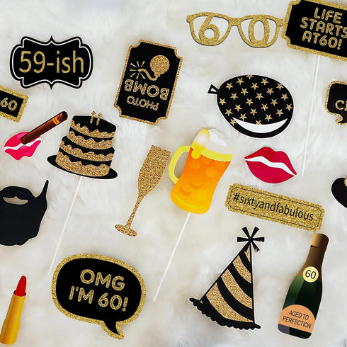 Adult 60th Birthday Photo Booth Props(41Pcs) for Her Him Cheers to 60 Years Birthday Party, Gold and Red Decorations, 60th Happy Birthday Party Su...