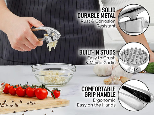Zulay Kitchen Premium Garlic Press Set - Rust Proof & Dishwasher Safe Professional Garlic Mincer Tool - Easy-Squeeze, Easy-Clean with Soft, Ergono...