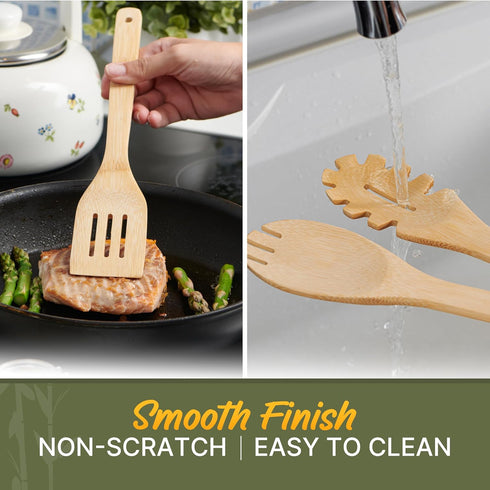 Bamboo Wooden Spoons for Cooking – 7 PCs Wooden Cooking Utensils for Nonstick Cookware – Wooden Utensil Set – Easy to Clean, Sturdy, Lightweight &...