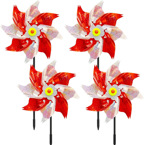timecity 4 PCS Pinwheels Red Silver Wind Spinners 9.5inch Sparkly Garden Pinwheel Reflective Windmills Scare Birds Animal Away Spinner for Yard an...