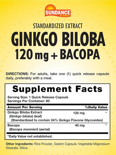 Ginkgo Biloba 120mg | 60 Capsules | Standardized Extract with Bacopa | Gluten Free Traditional Herb Supplement | by Sundance...