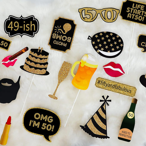 Adult 50th Birthday Photo Booth Props(41Pcs) for Her Him Cheers to 50 Years Birthday Party, Gold and Red Decorations, 50th Happy Birthday Party Su...
