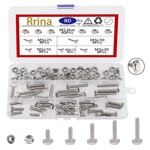 80Pcs Hammer Head T-Slot Drop-in Stud Sliding Bolt Screw Nut Assortment Kit, for European Standard Aluminum Profile (M5-20 Series)...