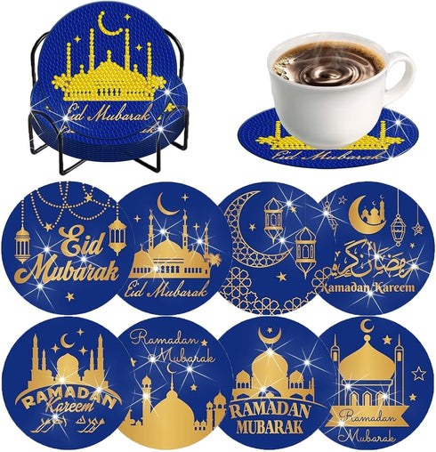 8 Pieces Ramadhan Diamond Coasters Kit with Holder DIY Ramadhan Festival Diamond Art Coasters for Beginners Adults Kids Art Table Home Craft Gift ...