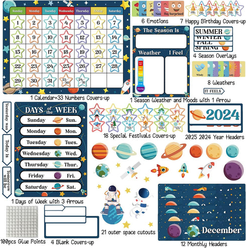 122pcs Cartoon Space Classroom Calendar Bulletin Board Set with Seasons Weather Festival I Feel Days of The Week for Classroom Back to School Deco...