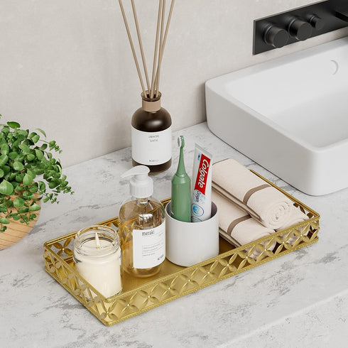 Bathroom Vanity Tray for Counter Organizer - 11 Inch Small Decorative Tray Gold Rectangle Countertop Tray for Perfume Makeup Cosmetic Jewelry...
