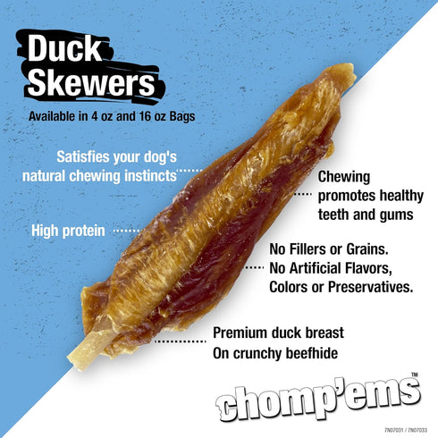 Chomp'ems Duck Skewers, 4 oz - All Natural Rawhide Wrapped with Premium Chicken Breast - Healthy, Protein Rich Treats for Dogs - Dog Chews — Limit...