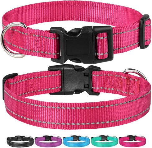 Reflective Dog Collar with Buckle Adjustable Safety Nylon Collars for Small Medium Large Dogs, Hotpink XS...