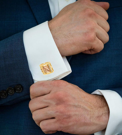 Brown Crystal Gold Cufflinks for Men Lady In Gift Case Classic Square Gemstone Men's Cufflinks Jewelry Set for Wedding Anniversary Business Party ...