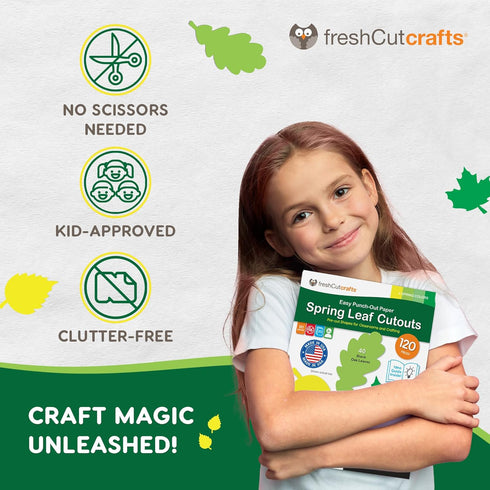 120 Pieces Spring Leaf Paper Cutouts with IDEA GUIDE, 2-Sided US Made Card Stock Punch Out Maple, Oak, and Birch Leaves for Bulletin Boards, Class...