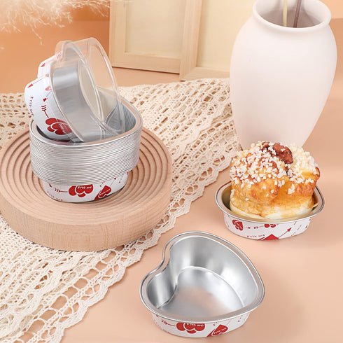 Cunhill 30 Sets Heart Shaped Cake Pans with Lids, 3. 4 Ounces/ 100 ml, Aluminum Foil Mini Disposable Heart Cupcake Pans for Wedding Parties Gift (...
