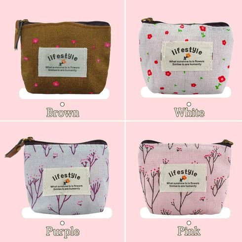 FuninCrea Small Coin Purse, 4 Pack of Different Cute Flower Patterns Canvas Coin Purse with Smooth Zip Mini Wallet for Storing Coin, Credit Card, ...