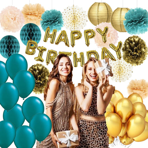 Teal Gold Birthday Decorations Women/Turquoise Teal Women Birthday Party Decorations Polka Dot Fans Teal Gold Balloons...
