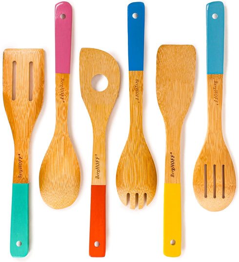 BergHOFF Bamboo 6Pc Utensil Set, Slotted & Plain Spatula, Slotted Spoon, Serving Spoon, Spaghetti Spoon, Salad Spoons 12" Multi-colors with Hangin...