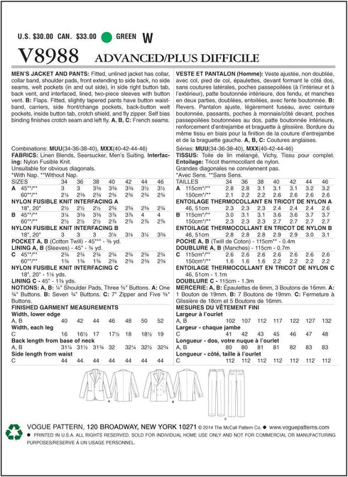Vogue Patterns V8988MUU Men's Jacket and Pants Sewing Template, Size MUU (34-36-38-40)...
