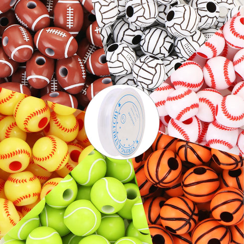 300 Pcs Sports Ball Beads for Jewelry Making, Acrylic Sports Beads Bulk, Baseball Basketball Volleyball Softball Football Tennis Beads with Stretc...
