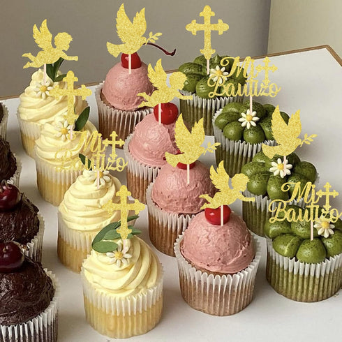 24 Pack Spanish Mi Bautizo Cupcake Toppers with Glitter Cross Angel Dove Baptism Cupcake Picks Decorations for Religious God Bless Theme Baby Show...
