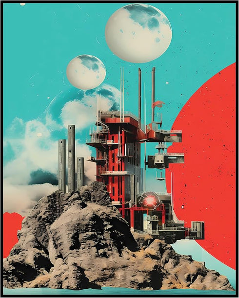 Posterizer 1 pcs-retro futuristic collage with old buildings and planets-Abstract & Modern Art-Astronomy & Celestial Art-Gift for Art Lovers-Gift ...