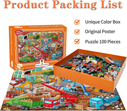 Puzzles for Kids Ages 4-8 6-8 8-10 Year Old - Busy Engineering Vehicle - 100 Pieces Jigsaw Puzzle for Kids 100 Piece Puzzle for Adults Learning Ed...
