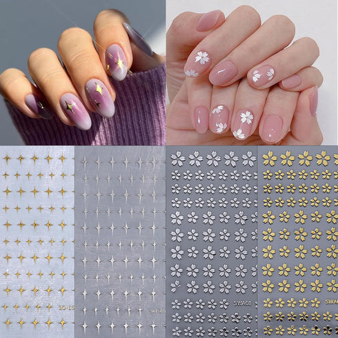 8 Sheets Metallic Flower Leaf Nail Art Stickers Five Petal Flower Star Nail Decals 3D Self Adhesive Gold Silver Petal Star Nail Designs Floral Nai...