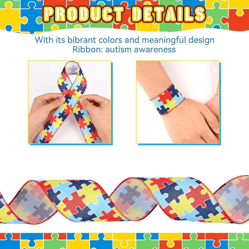 4Rolls 20Yards Autism Awareness Wired Ribbon Colorful Puzzle Fabric Ribbon for Gift Wrapping Bow Wreath Making Craft Supplies, 2.5 Inch/1.5 Inch...