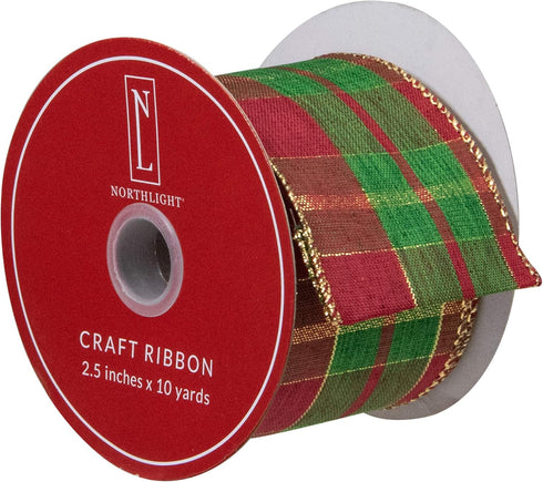 Northlight Plaid Christmas Wired Craft Ribbon, Red Green and Gold...