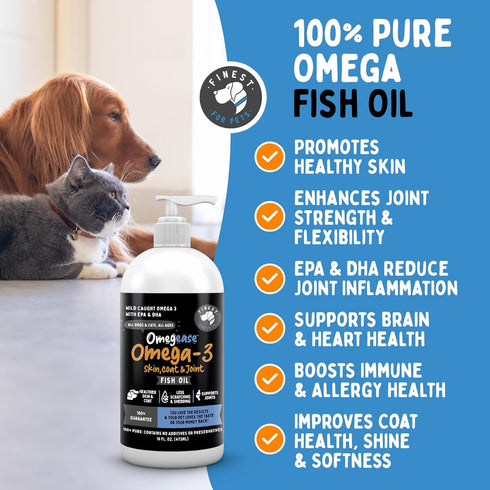 Omegease 100% Pure Omega 3 Fish Oil for Dogs & Cats 8 oz - Skin & Coat Supplement, Less Scratching & Shedding, Supports Joint Function, Immune, Br...