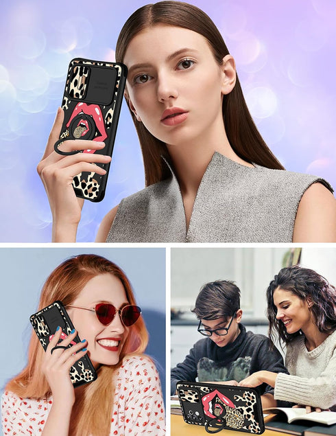 Goocrux (2in1 for Samsung Galaxy A32 5G Case Leopard Print Women Girls Phone Cover Cute Cheetah Print Animal Design with Slide Camera Cover+Ring H...