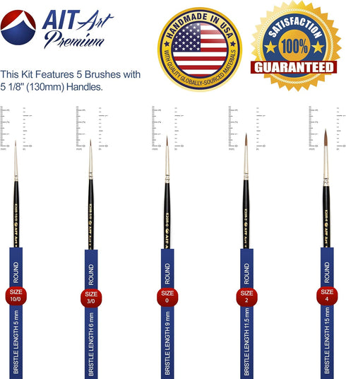 AIT Art Premium Detail Brush Set, 5 Pure Kolinsky Russian Red Sable Paint Brushes, Handmade in USA for Ultimate Details with Oil, Acrylic, and Wat...