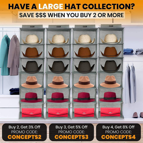 Boxy Concepts 6-Shelf Cowboy Hat Organizer Rack - 13in Wide X-Large Grey - Hat Rack for Wall Mount Hook & Loop - Soft Fabric Preserve Shape - Base...