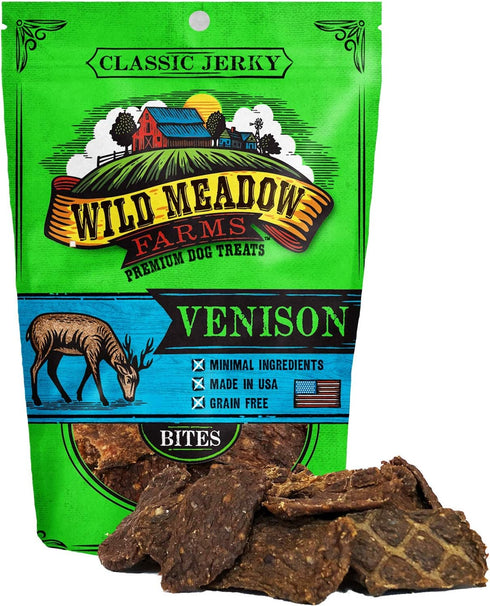 Wild Meadow Farms - Classic Venison Bites, Soft Jerky Treats for Dogs, Grain-Free & All-Natural, Ideal for Training, Portioning, and High-Value Re...