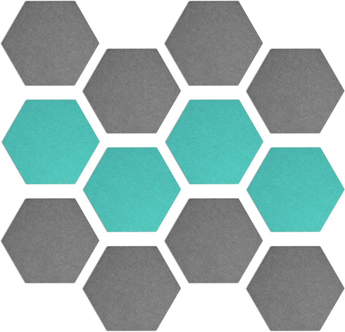 Navaris Hexagon Felt Board Tiles - Set of 12 Notice Memo Bulletin Boards with Push Pins and Double-Sided Tape 5.9" x 6.7" - Dark Gray, Turquoise...