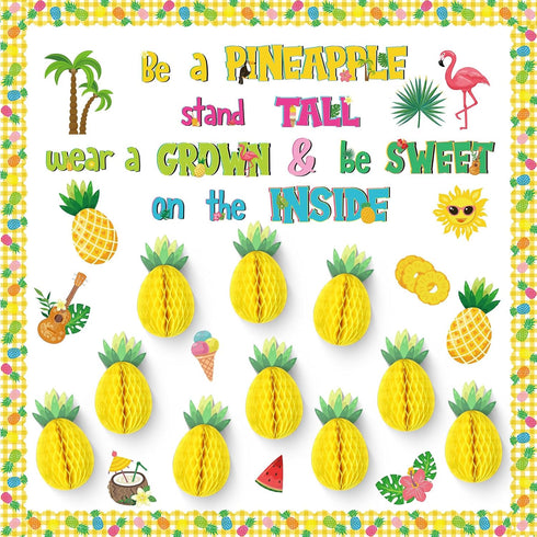 70 Pcs Summer Bulletin Board Decorations Set Tropical Pineapple Classroom Decor with Pineapple Honeycomb Ball Flamingo Palm Tree Flower Cutouts Bo...
