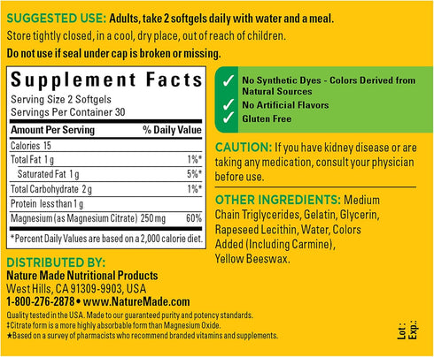 Nature Made Magnesium Citrate 250 mg per serving, Magnesium Supplement for Muscle, Nerve, Bone and Heart Support, 60 Softgels, 30 Day Supply...