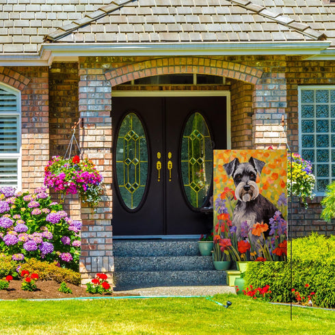 Schnauzer Welcome Spring Garden Flag 12x18 Double Sided, Burlap Small Daisy Pansy Flower Garden Yard House Flags Outside Outdoor Summer Porch Lawn...
