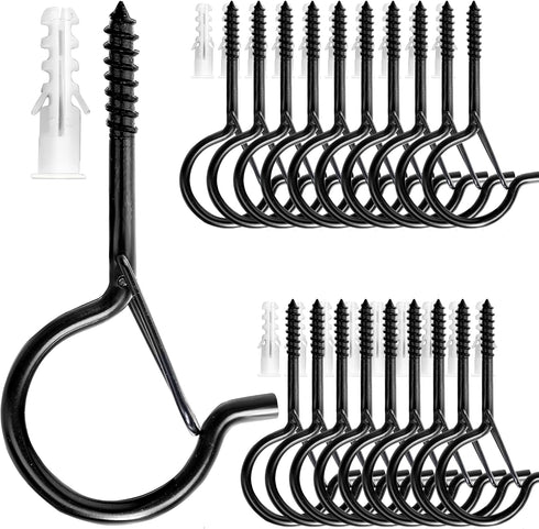 PlusRoc 20 Pack Large 3 Inch Q-Hanger Hooks for Hanging Outdoor String Lights Plants, Black Cup Hooks Screw in Eye Hooks wood Fence Wall Mount Cei...