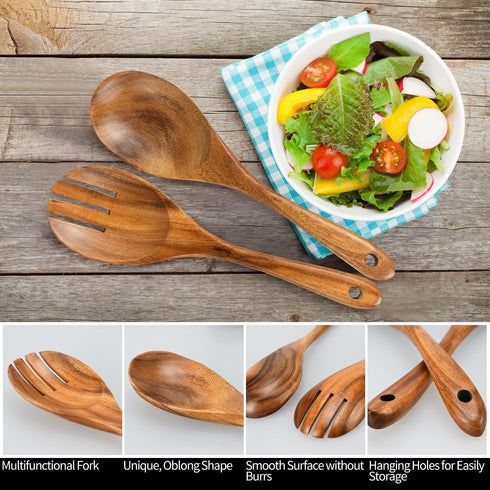 Salad Servers, Wood Salad Tongs, 10.2in Salad Spoon and Fork Set, Long Handle Salad Server Set for Mixing, Tossing and Cooking (Salad Spoon and Fo...