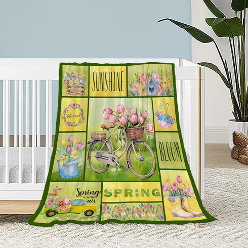 Spring Theme Throw Blanket for Baby Small Farmhouse Biycle Floral Blanket for Toddler Swaddle Pet Crib Soft Fuzzy Plush Fleece Blankets and Throws...