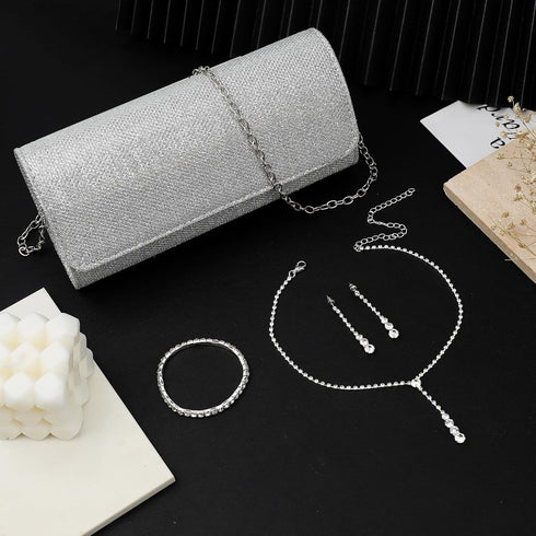 Silver Prom Jewelry Set for Women Rhinestone Necklace Dangle Earrings Bracelet Clutch Purse Silver Accessories Bride Bridesmaid Crystal Bridal Jew...